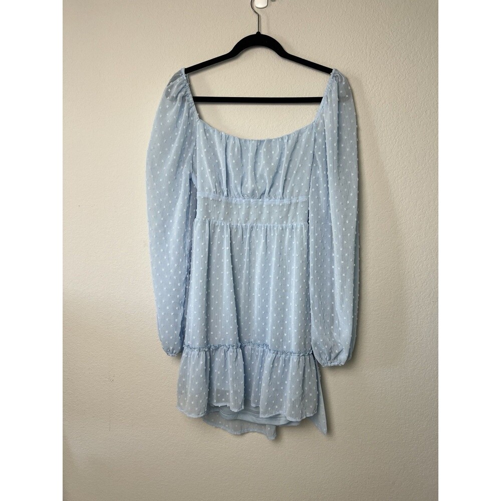 Altar'd State Light Blue Swiss Dot Open Tie Back Long Sleeve Ruffle Dress Size L